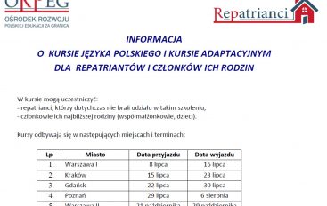 Kursy języka polskiego i kursy adaptacyjne dla repatriantów i członków ich rodzin