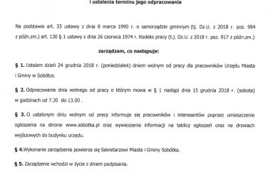 Zarządzenie Burmistrza MiG Sobótka w sprawie ustanowienia dla pracowników UMiG w Sobótce dnia wolnego od pracy i ustalenia terminu jego odpracowania