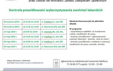 ZAKŁAD UBEZPIECZEŃ SPOŁECZNYCH ODDZIAŁ WE WROCŁAWIU ZAPRASZA NA BEZPŁATNE SZKOLENIA