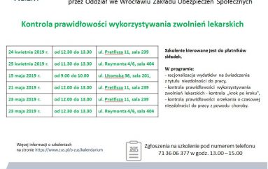 ZAKŁAD UBEZPIECZEŃ SPOŁECZNYCH ODDZIAŁ WE WROCŁAWIU ZAPRASZA NA BEZPŁATNE SZKOLENIA