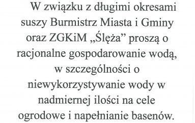 Prośba o racjonalne gospodarowanie wodą w związku z panującą suszą