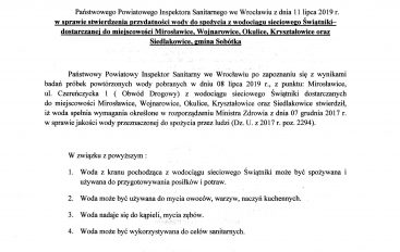 INFORMACJA PAŃSTWOWEGO POWIATOWEGO INSPEKTORA SANITARNEGO WE WROCŁAWIU – WODA Z WODOCIĄGU ŚWIĄTNIKI ZDATNA DO UŻYTKOWANIA NA TERENIE CAŁEJ GMINY SOBÓTKA