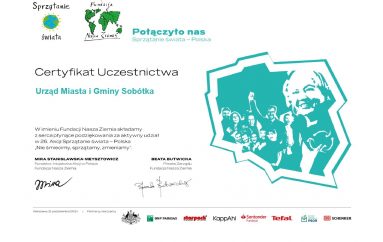 Certyfikat dla UMiG Sobótka za udział w 26. Akcji Sprzątanie Świata – Polska