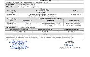 Wynik badania wody SUW Sulistrowiczki