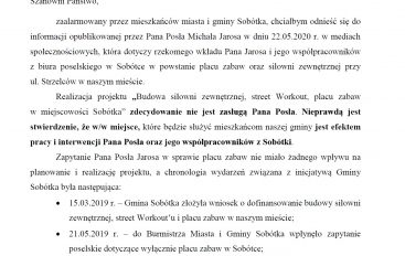 Stanowisko Burmistrza Miasta i Gminy Sobótka w sprawie „Budowy siłowni zewnętrznej, street Workout’u i placu zabaw w miejscowości Sobótka”.