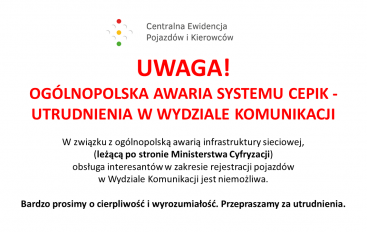 KOMUNIKAT STAROSTWA POWIATOWEGO WE WROCŁAWIU – OGÓLNOPOLSKA AWARIA SYSTEMU CEPIK