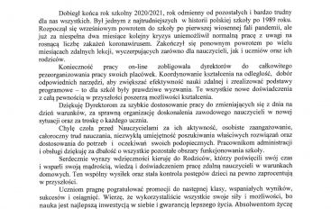 LIST NA ZAKOŃCZENIE ROKU SZKOLNEGO 2020/2021