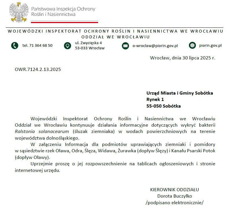 INFORMACJA Dolnośląskiego Wojewódzkiego Inspektora Ochrony i Nasiennictwa dla podmiotów uprawiających ziemniaki i pomidory w sąsiedztwie rzek Oława, Odra, Ślęza i Widawa oraz Żurawki i Kanału Psarski Potok