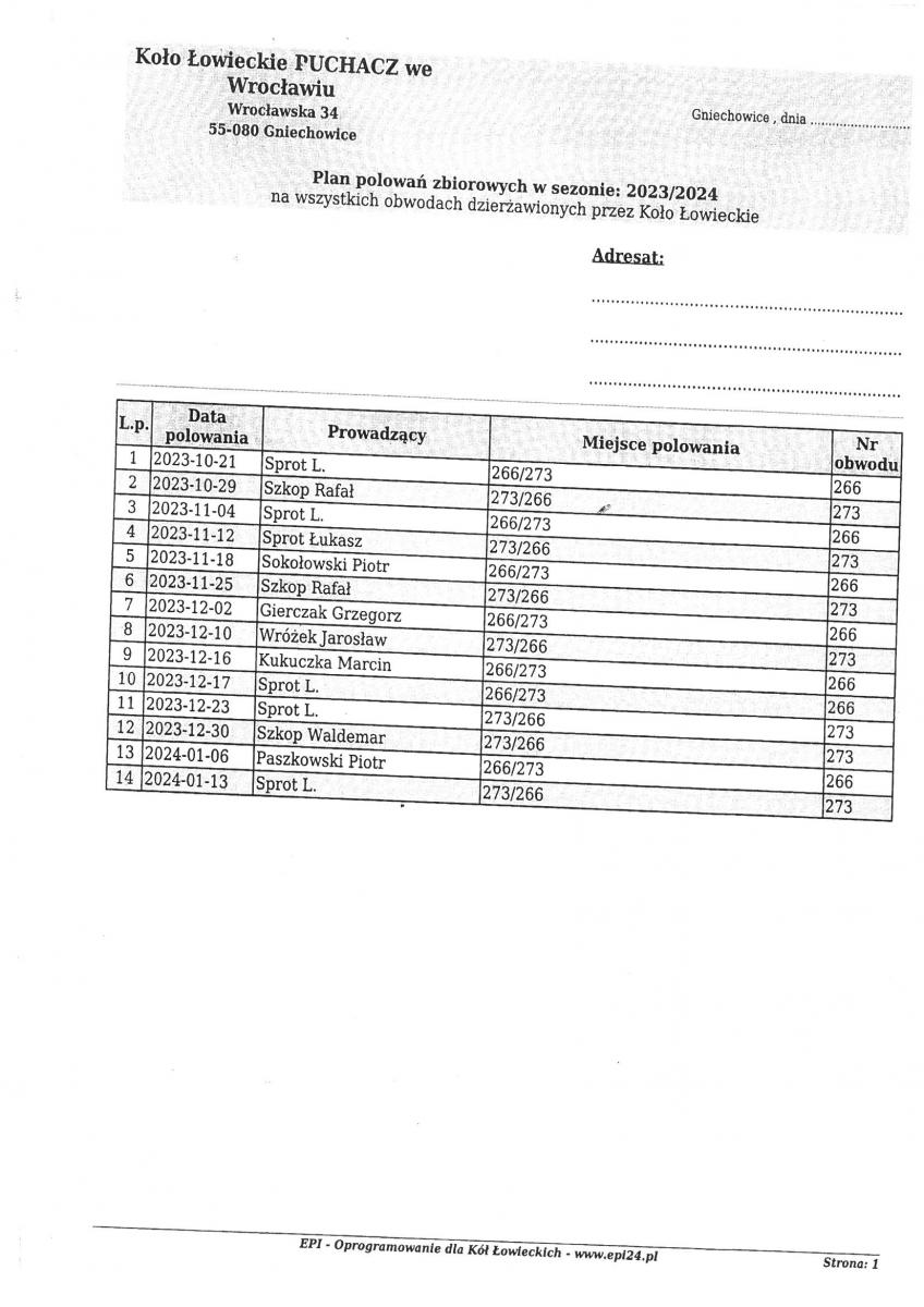 Kalendarz Polowań Zbiorowych Koła Łowieckie PUCHACZ we Wrocławiu - Sezon Łowiecki 2023/2024 - Obwód 266 i 273