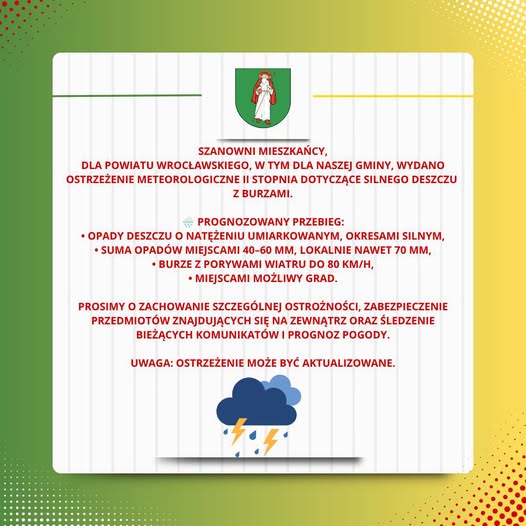 OSTRZEŻENIE METEOROLOGICZNE – SILNY DESZCZ Z BURZAMI (2. STOPIEŃ)