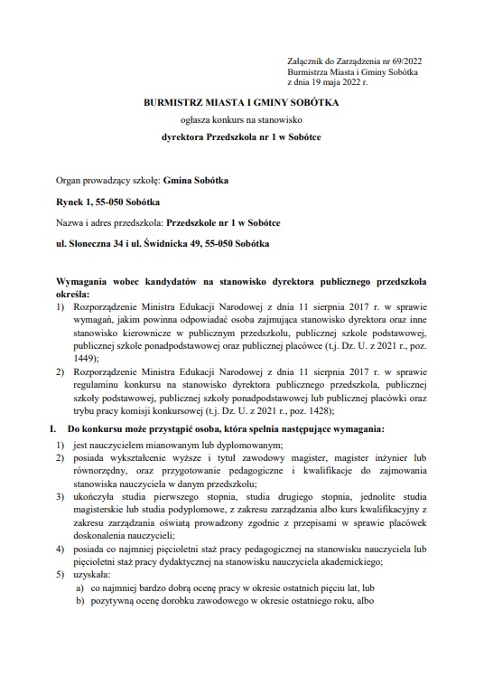 Ogłoszenie o konkursie na stanowisko dyrektora przedszkola